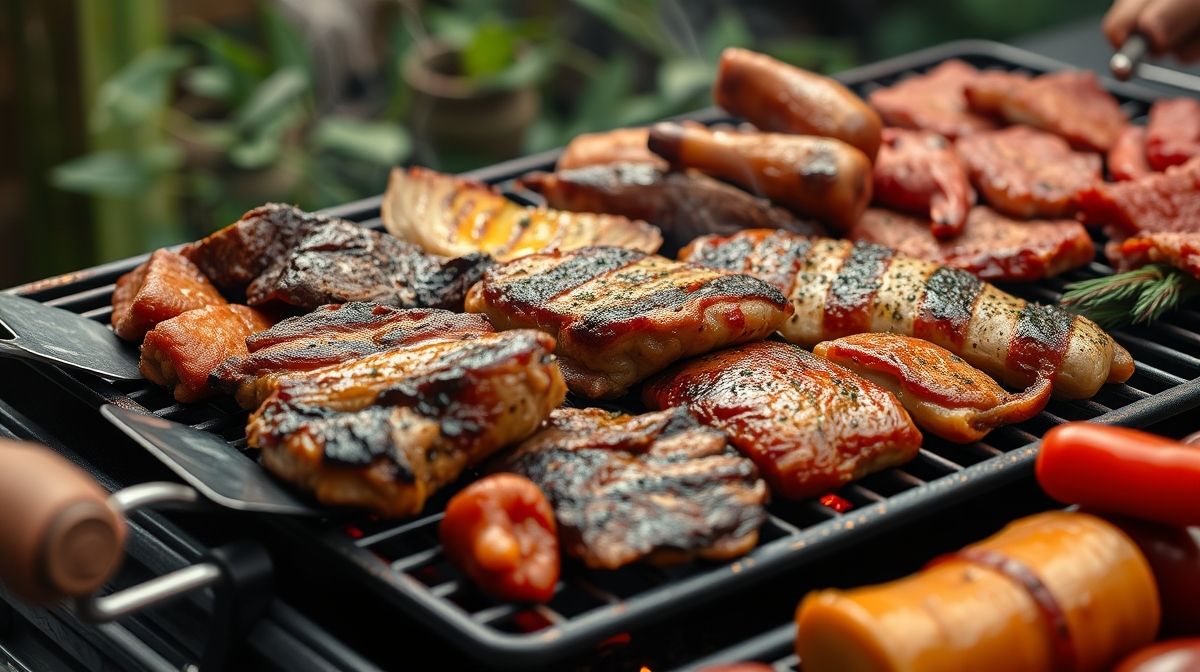 Detalhe de diferentes tipos de carnes como picanha, frango e linguiça assando na churrasqueira, com utensílios de churrasco ao lado e elementos rústicos de festa ao redor