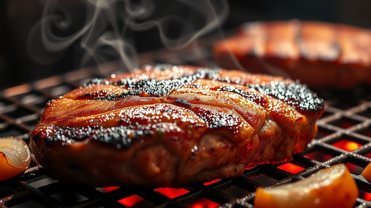 Close-up de picanha suculenta na churrasqueira com brasas ao redor, mostrando carne sendo grelhada no ponto ideal, com fumaça e brilho