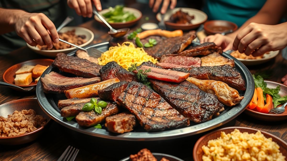 Prato de churrasco tradicional para 50 pessoas com cortes variados de carne como picanha, fraldinha, sobrecoxa de frango e linguiça, acompanhado de farofa crocante, arroz branco e salada verde, em uma mesa rústica ao ar livre