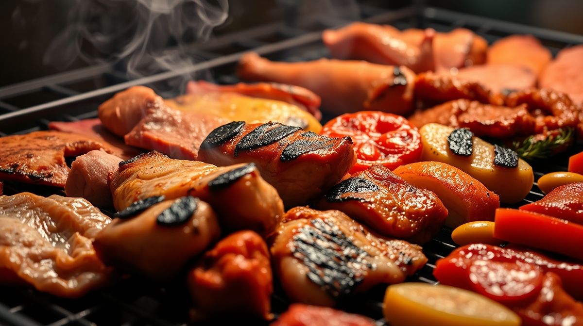 Detalhe de carnes preparadas para churrasco: picanha, frango, linguiça e costela dispostas em uma churrasqueira acesa, com fogo vivo e fumaça, destacando a variedade para um grande evento