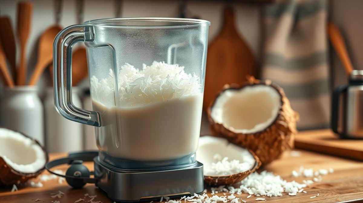 Processo de preparo do leite de coco caseiro, com coco fresco ralado no liquidificador cheio de leite cremoso, ambiente de cozinha caseira iluminada, utensílios e pano de prato limpo ao fundo