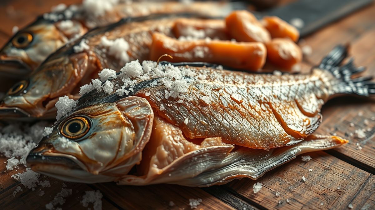 imagem detalhada do peixe seco salgado, mostrando textura, sal grosso, e pedaços do peixe numa superfície rústica de madeira, estilo fotográfico realista