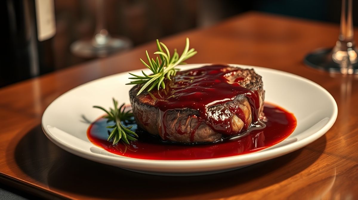 Tornedor de filé mignon servido em prato branco elegante, com molho de vinho tinto e guarnição de alecrim fresco, com textura e detalhes da carne visíveis, estilo culinária gourmet