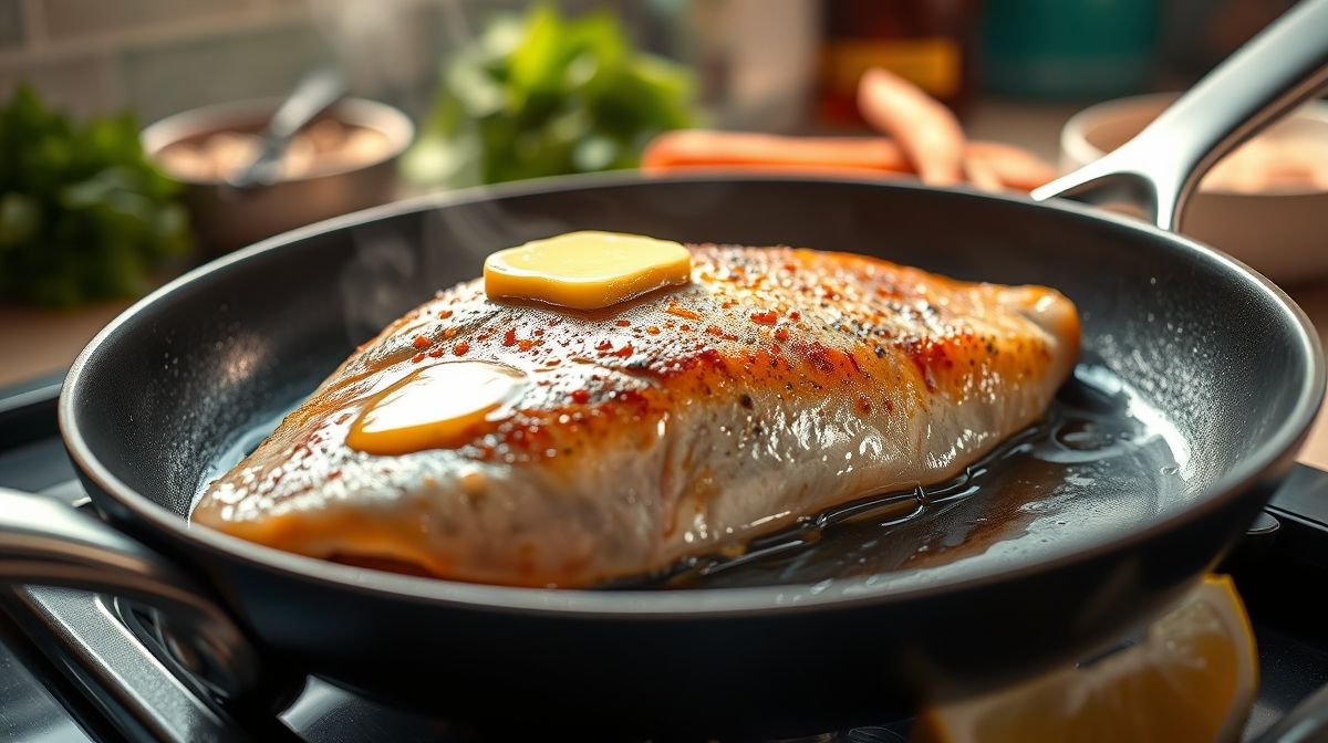 Close-up de filé de truta sendo grelhado em frigideira antiaderente, mostrando a crosta dourada na pele, com manteiga derretendo, detalhes realistas, cena em cozinha iluminada, estilo fotografia gastronômica.
