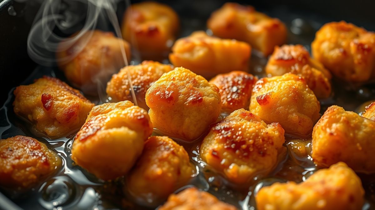Close-up de nuggets dourados e crocantes sendo fritos em frigideira antiaderente, com óleo quente e bolhas, visual apetitoso e detalhado, fotografia culinária