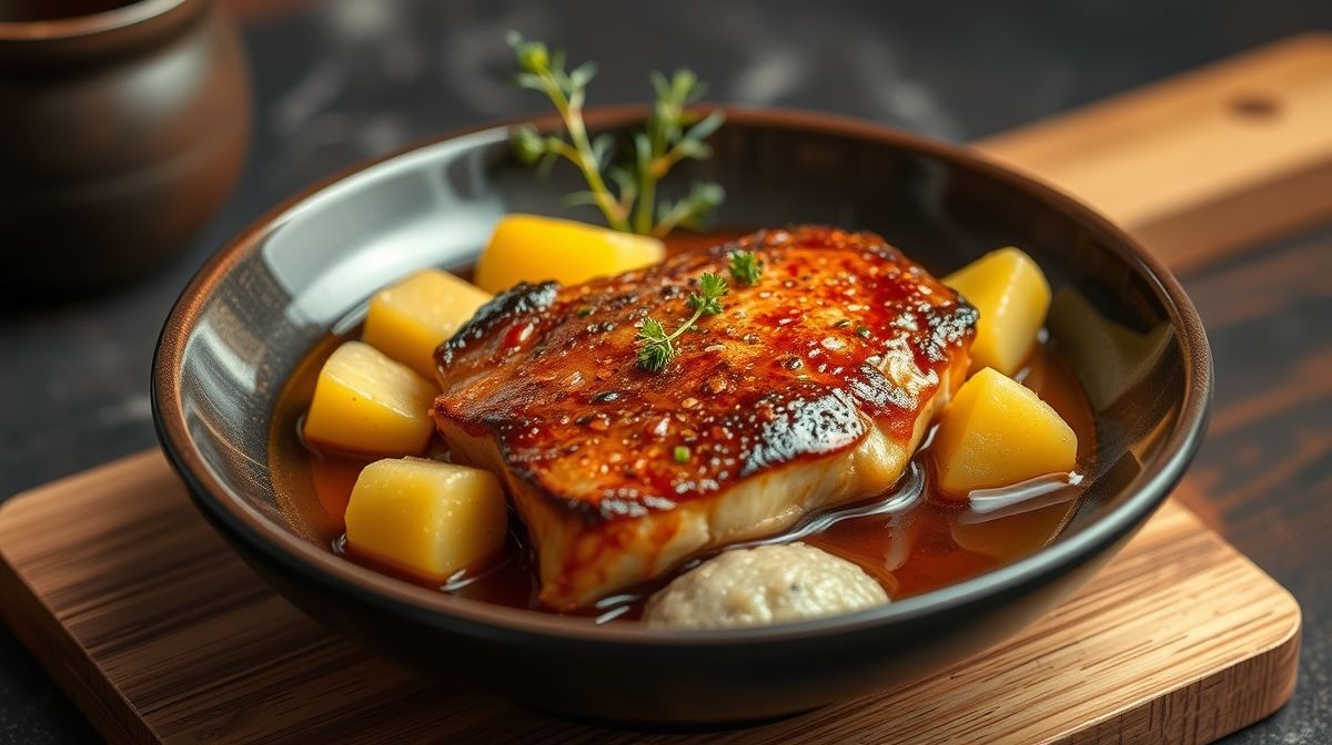 Imagem de galeto temperado com mostarda, shoyu e batatas assadas, servido em prato rústico com fundo neutro