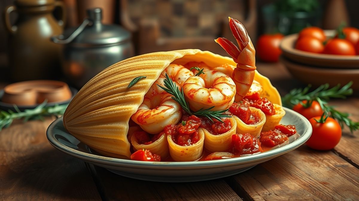 imagem detalhada de conchiglione recheado com camarão, mostrando textura da massa e molho de tomate picante com alecrim, alta resolução, estilo culinário italiano