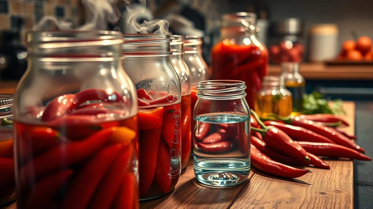 Passo a passo da preparo da conserva de pimenta dedo-de-moça, com potes de vidro sendo esterilizados em banho-maria, ingredientes como pimentas dedo-de-moça, azeite e água ao lado, ambiente de cozinha doméstica organizada