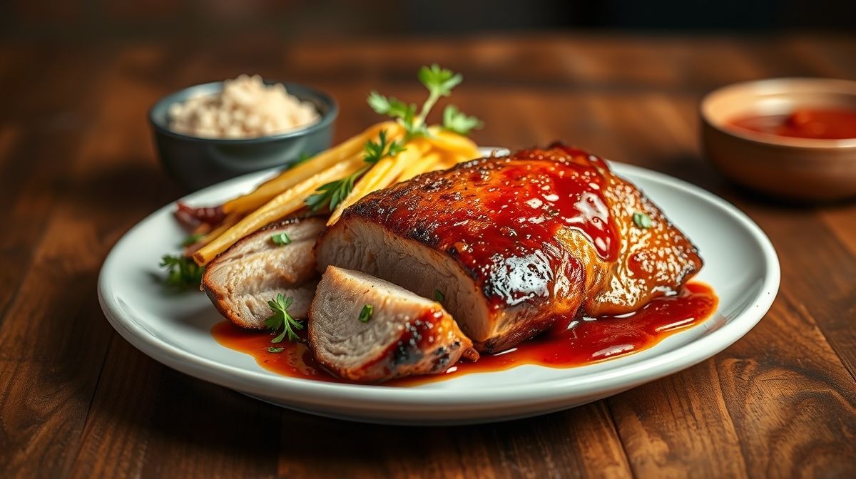 Costelinha de porco assada ao estilo Outback, com molho barbecue caseiro sendo pincelado, apresentação gourmet em prato branco com detalhes de textura da carne e brilho do molho