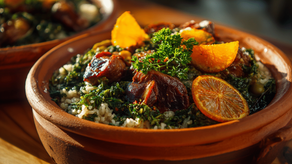 Feijoada tradicional servida em panela de barro com acompanhamentos típicos, pronta para grandes eventos