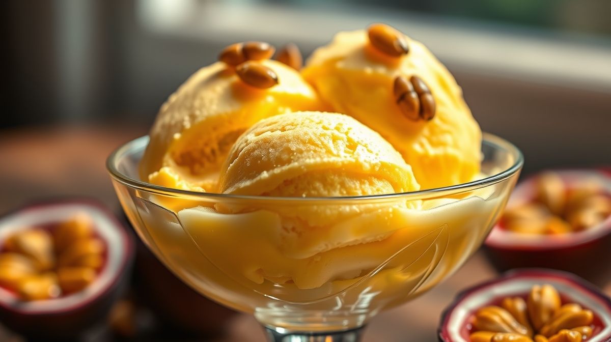 Imagem detalhada e apetitoso close-up de sorvete caseiro de maracujá cremoso servido em taça transparente, decorado com sementes de maracujá, em iluminação natural suave