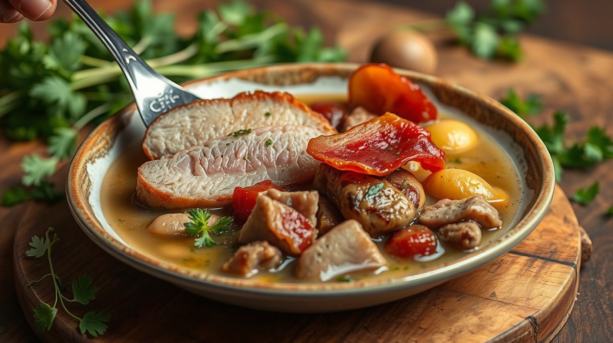 Close de uma colher pegando uma porção de dobradinha saborosa com caldo encorpado, destacando pedaços de bucho bovino, feijão branco, linguiça calabresa e bacon, com fundo desfocado de temperos e ervas frescas como cheiro-verde e folhas de louro