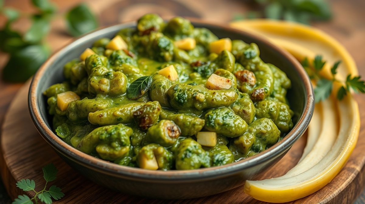 Close-up do espaguete misturado com molho pesto verde vibrante e pedaços de presunto Marba, sobre mesa de madeira rústica com raminhos de manjericão ao lado