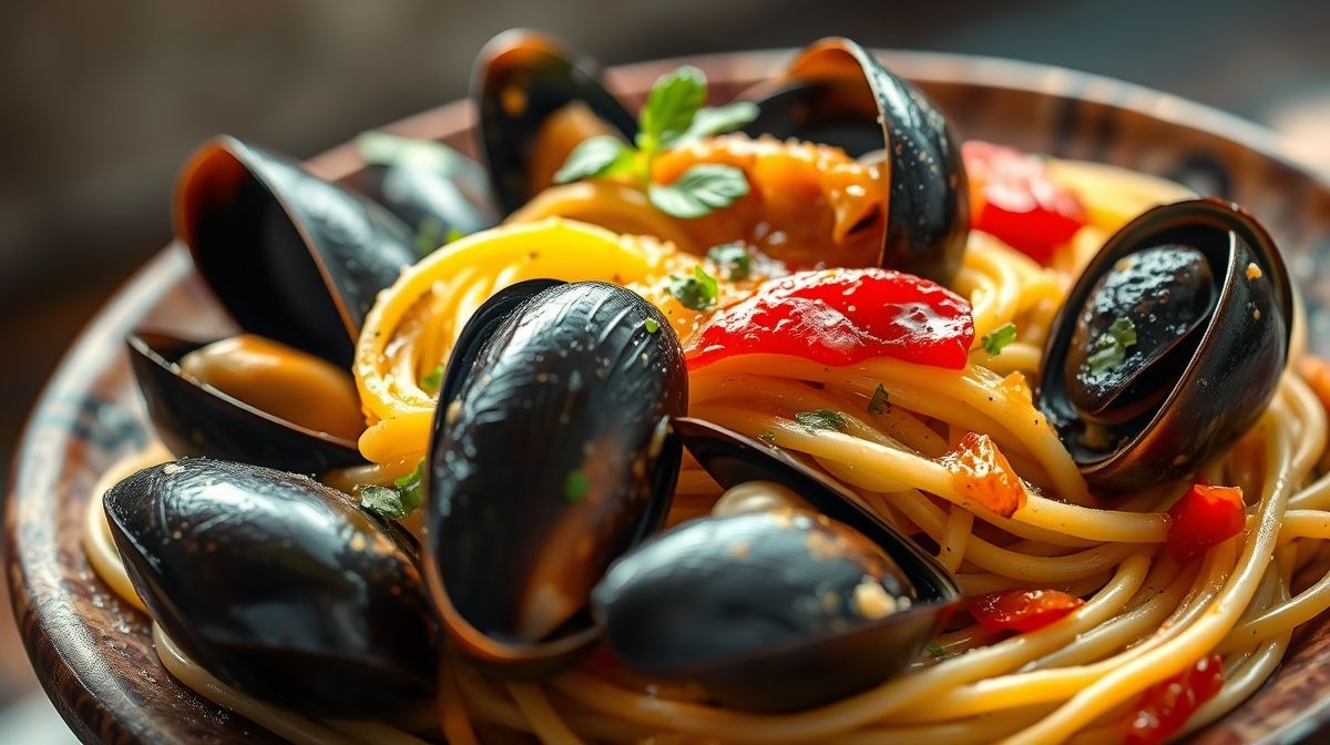 Close-up foto culinária de espaguete al dente com mexilhões suculentos, molho de vinho branco com alho e pimentão, em prato rústico, iluminação natural