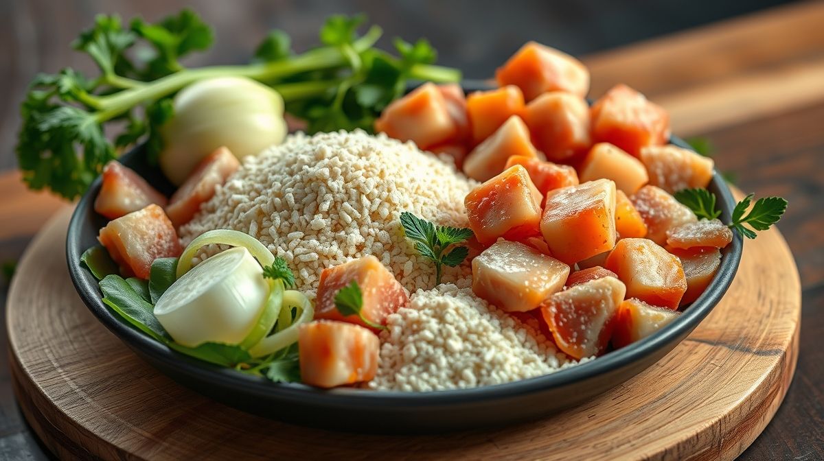 imagem detalhada de ingredientes para farofa: bacon em cubos, calabresa fatiada, farinha de mandioca, cebola, alho e cheiro-verde sobre bancada de cozinha clara, iluminação natural, estilo realista e apetitoso