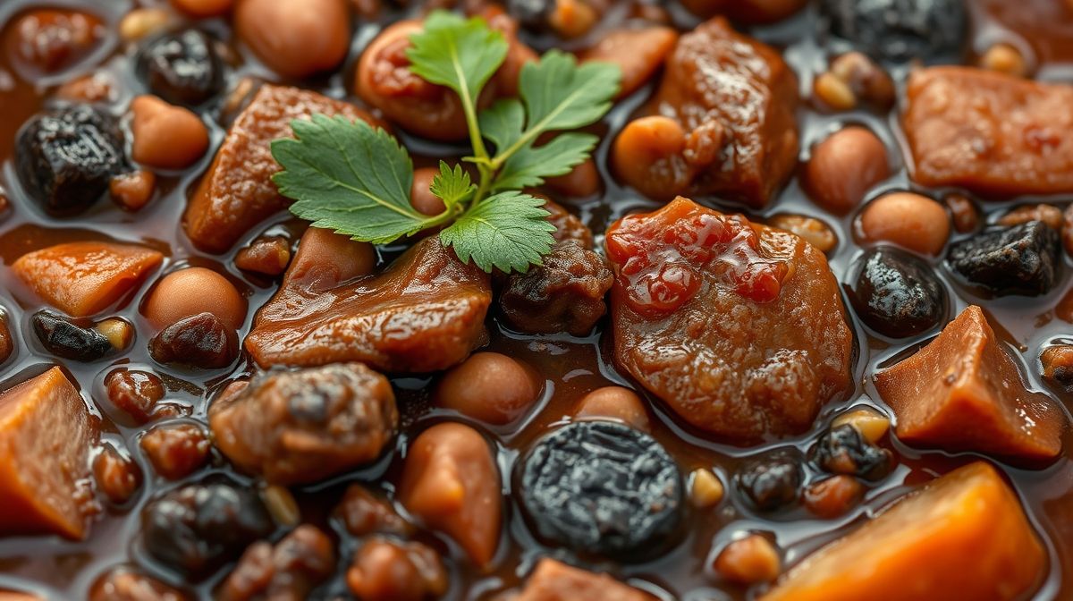 Close-up de uma panela grande de feijoada tradicional brasileira, com pedaços de carne, feijão preto, colorido e apetitoso, destacando os ingredientes típicos brasileiros