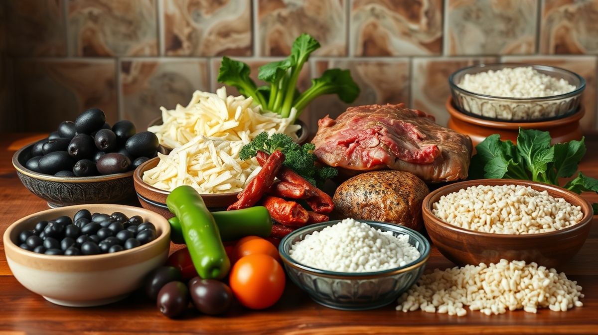 Imagem detalhada dos ingredientes para feijoada: feijão preto, charque, linguiça calabresa, paio, carne bovina, couve refogada, farofa e arroz branco, em uma bancada de cozinha bem iluminada e organizada