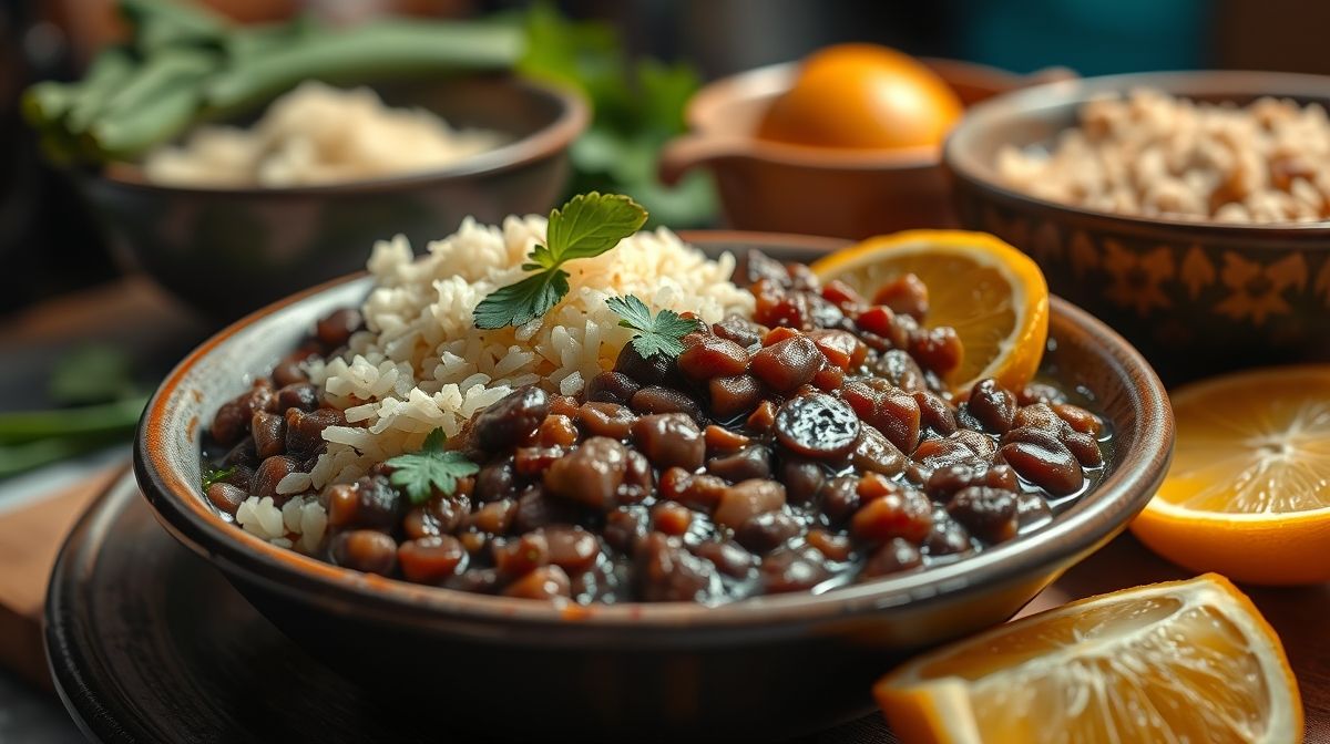 close-up de uma porção de feijoada preparada para várias pessoas, com acompanhamentos como couve refogada, arroz branco e laranja, ambiente acolhedor de cozinha brasileira, estilo fotográfico realista