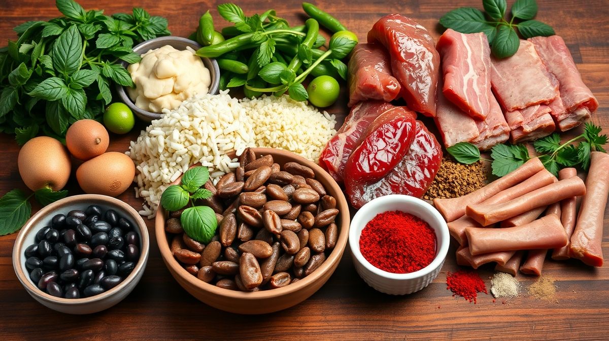 Imagem detalhada de ingredientes frescos para feijoada, incluindo feijão preto, carnes variadas como carne seca, linguiça calabresa, bacon, costelinha e temperos, dispostos sobre uma mesa rústica de madeira