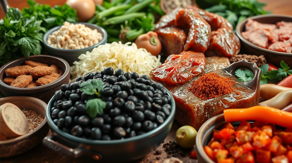 close-up de ingredientes diversos para feijoada incluindo feijão preto, carnes, linguiças e temperos, disposição organizada sobre mesa de madeira rústica, luz natural
