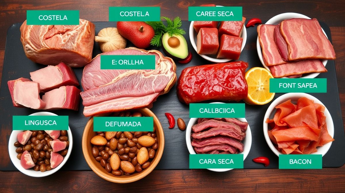Imagem detalhada das carnes usadas na feijoada para 60 pessoas, incluindo costela, pé, orelha e rabo de porco, linguiça calabresa e defumada, bacon e carne seca em uma mesa de preparo rústica