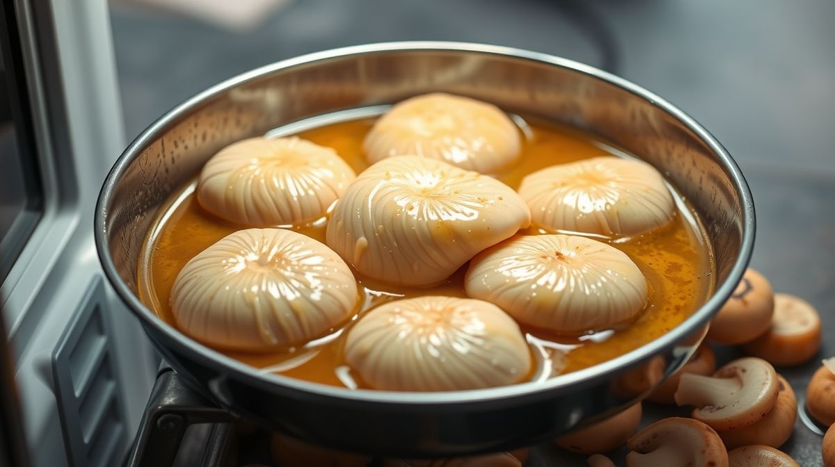 Imagem detalhada do preparo do filé ao molho funghi, mostrando medalhões de filé mignon sendo selados em frigideira com molho cremoso de funghi, fundo desfocado, estilo culinária profissional