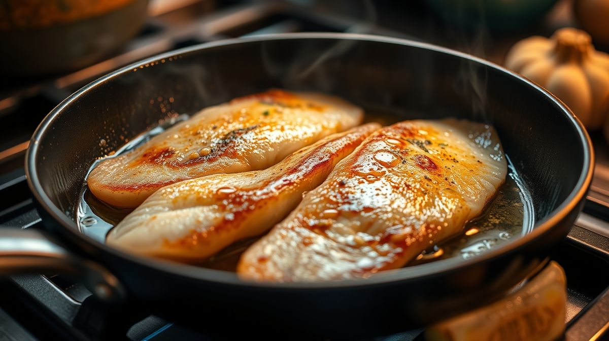 Close-up dos filés de Panga sendo grelhados em frigideira antiaderente, mostrando o peixe dourado e suculento, com detalhes do azeite e alho, atmosfera de cozinha caseira acolhedora