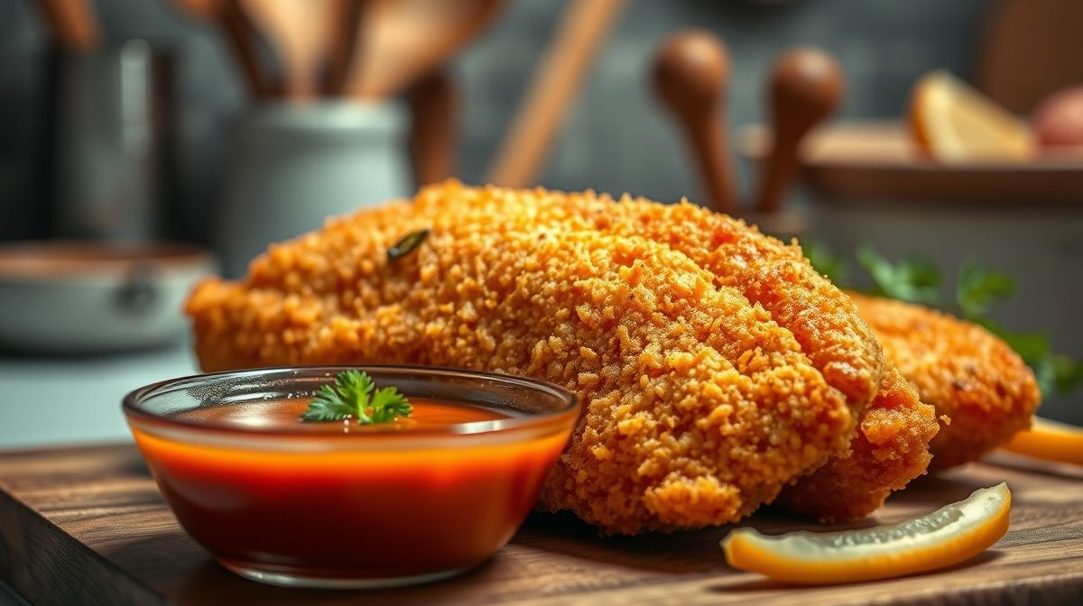 Close de filé de panga empanado frito, textura crocante em destaque, com molho de acompanhamento ao lado, fundo desfocado de utensílios de cozinha