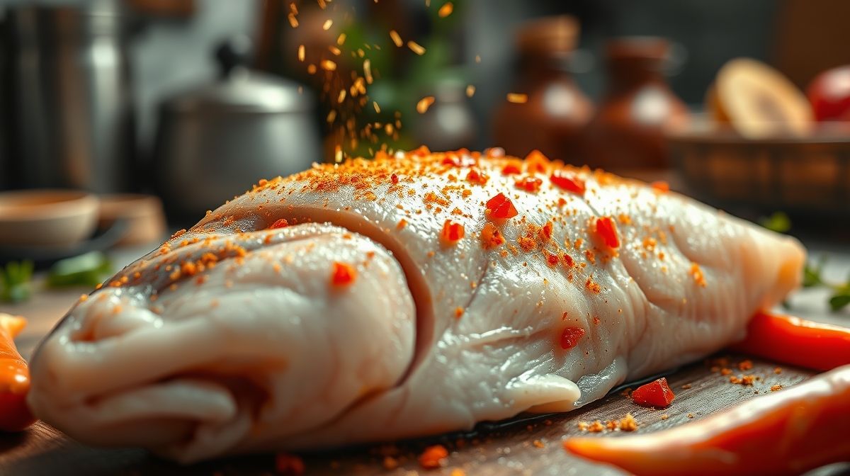 imagem close-up de filé de panga sendo temperado com alho e páprica, fundo desfocado de cozinha, texturas detalhadas, estilo culinário realista