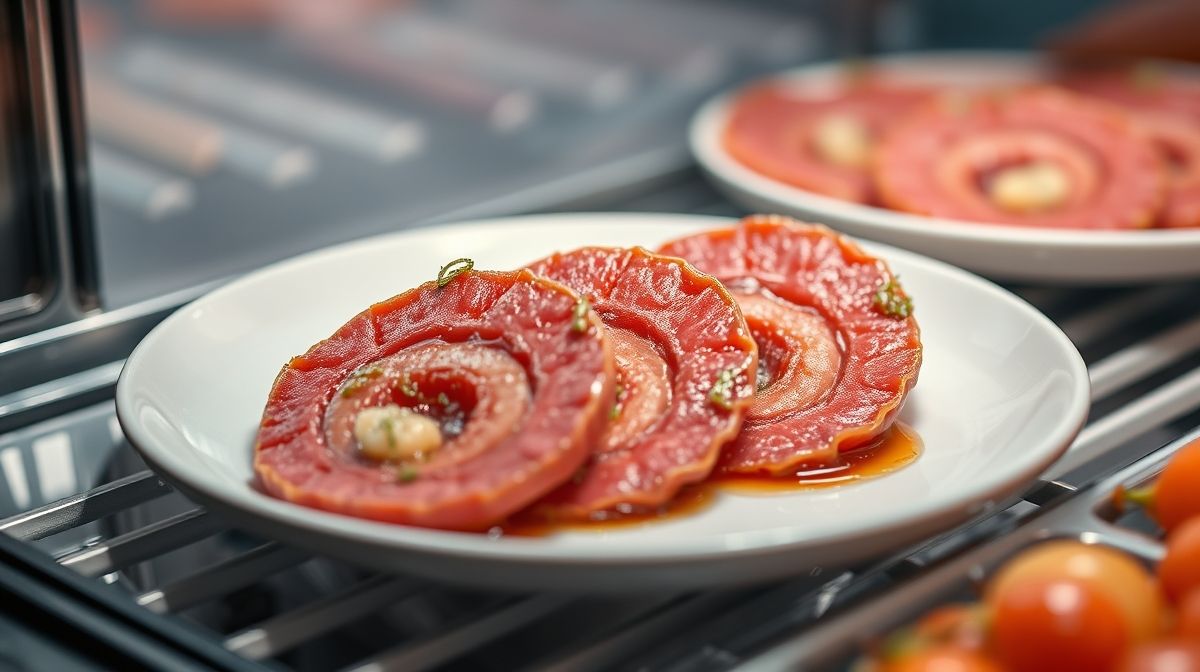 Close de medalhões de filé mignon sendo selados em frigideira, com manteiga derretendo e azeite, gastronomia profissional, foco em textura e cor