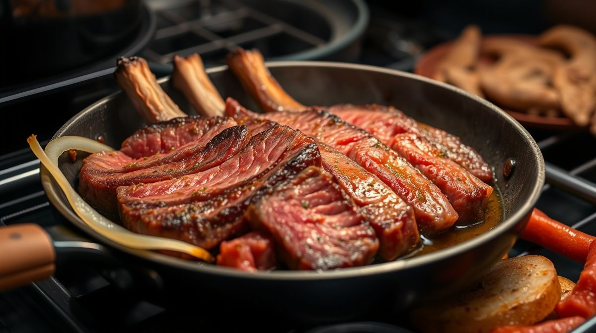 Imagem detalhada de bifes de filé mignon altos sendo selados em manteiga com lâminas finas de alho douradas ao lado, frigideira preta, textura da carne e do alho em destaque, estilo culinária brasileira tradicional