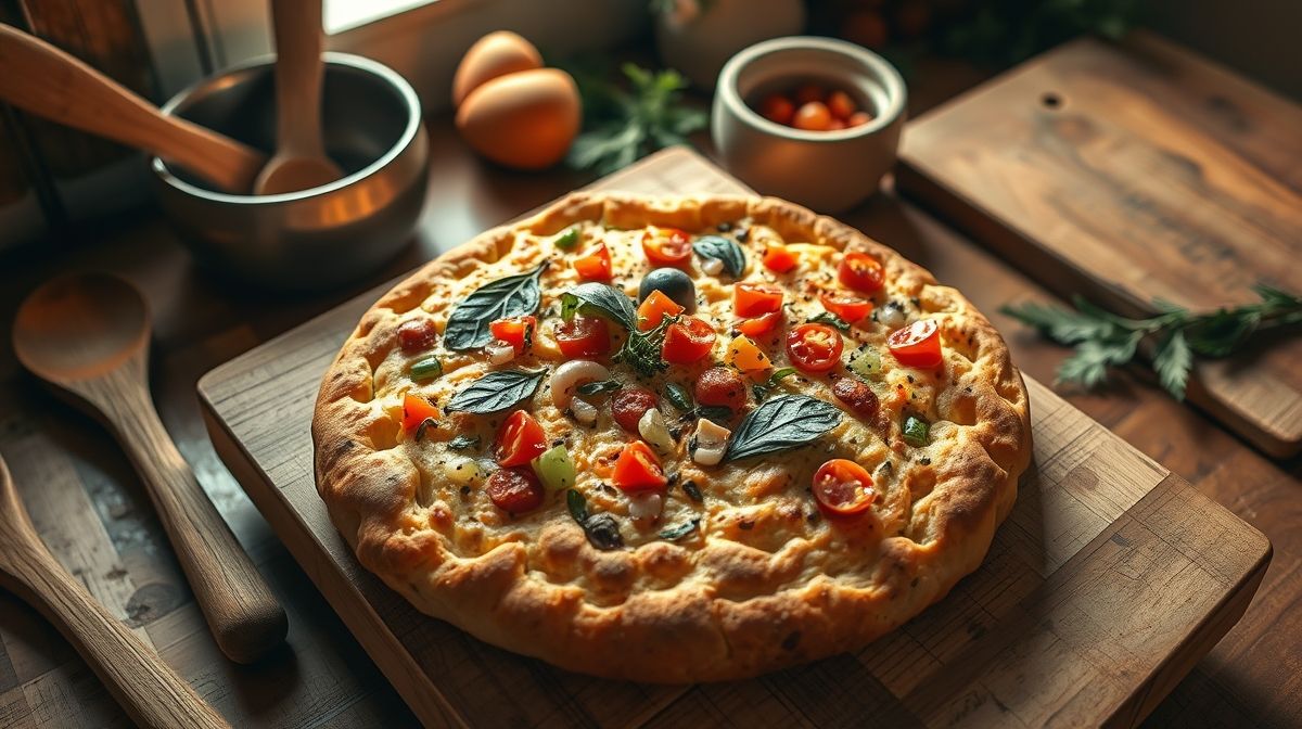Focaccia de legumes recém assada, vista superior mostrando o topo crocante e legumes variados por cima, ambiente de cozinha acolhedora com utensílios de preparo ao lado