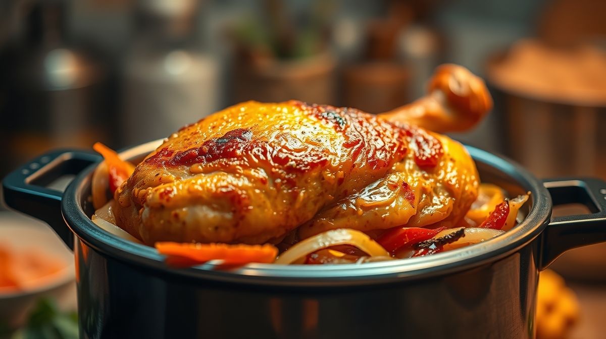 close-up de pedaço de frango dourado e suculento na panela de pressão, com camadas de cebola e temperos visíveis, fundo desfocado de cozinha, iluminação quente