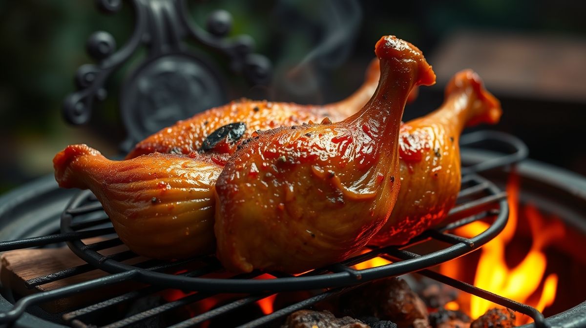Espetos de coração de galinha grelhando na churrasqueira com detalhes de fumaça e fogo ao fundo, estilo culinária brasileira