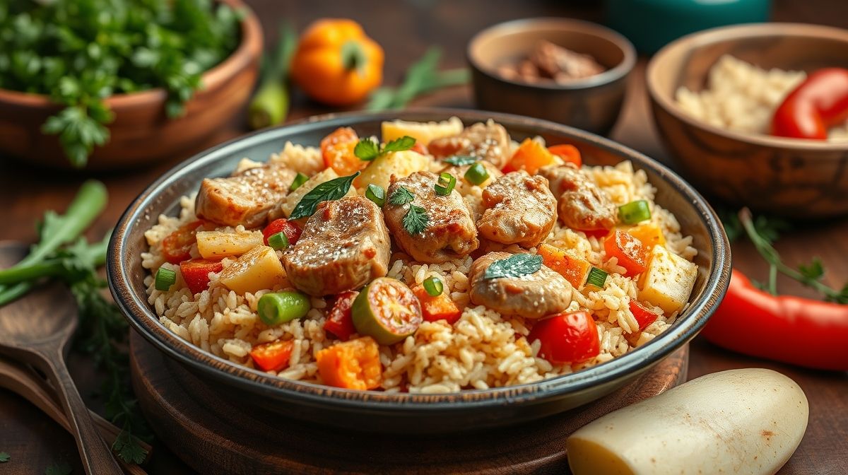 Imagem de panela grande de galinhada com frango, arroz, milho e legumes, mostrando textura cremosa e cores vibrantes, apresentada em cozinha típica brasileira com utensílios tradicionais