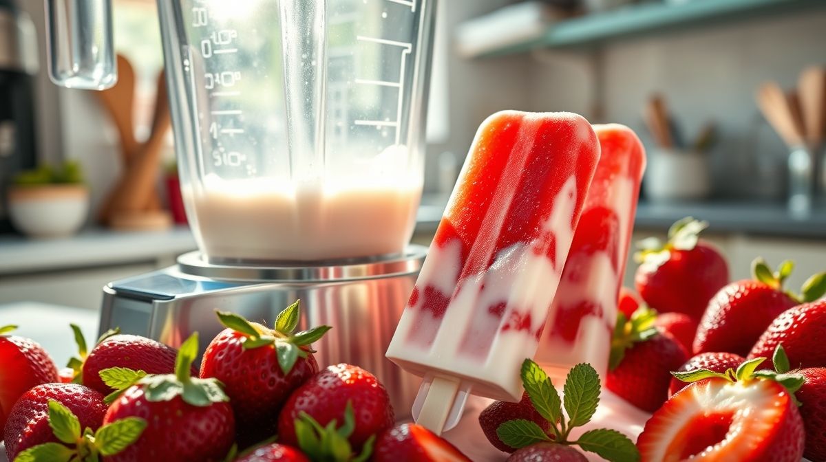 Imagem close-up do processo de preparação do geladinho de morango, mostrando morangos frescos, leite condensado e leite sendo batidos no liquidificador, em ambiente de cozinha clara