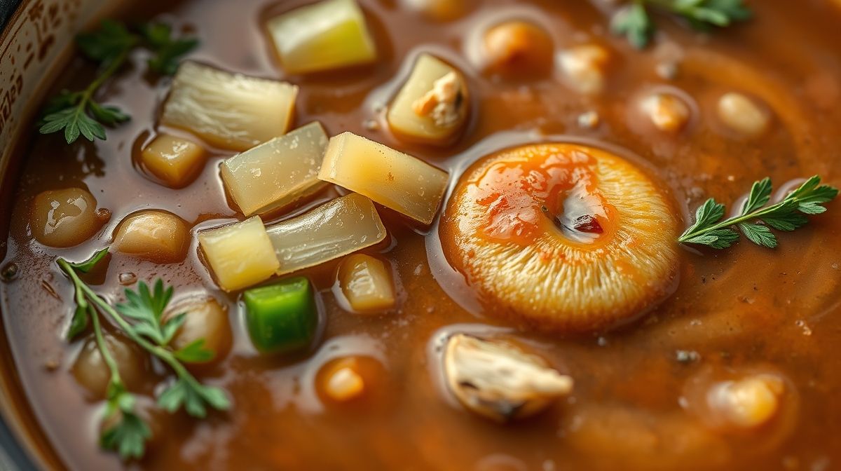 Imagem close-up do preparo do molho madeira caso, panela com molho cremoso de cor marrom, ingredientes visíveis como cebolas picadas, champignon fatiado e manteiga derretida, estilo culinário