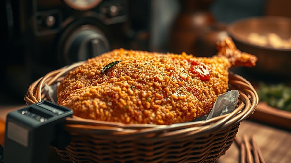 Close-up de lambari empanado e dourado na cesta da airfryer, com azeite e temperos visíveis, ambiente de cozinha aconchegante, estilo fotografia culinária