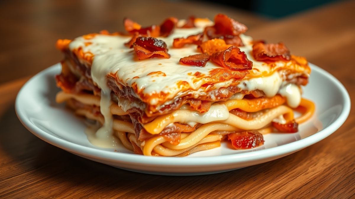 close-up de lasanha de bacon de pernil com molho branco cremoso, fatia servida em prato branco, detalhes do bacon crocante e queijo gratinado