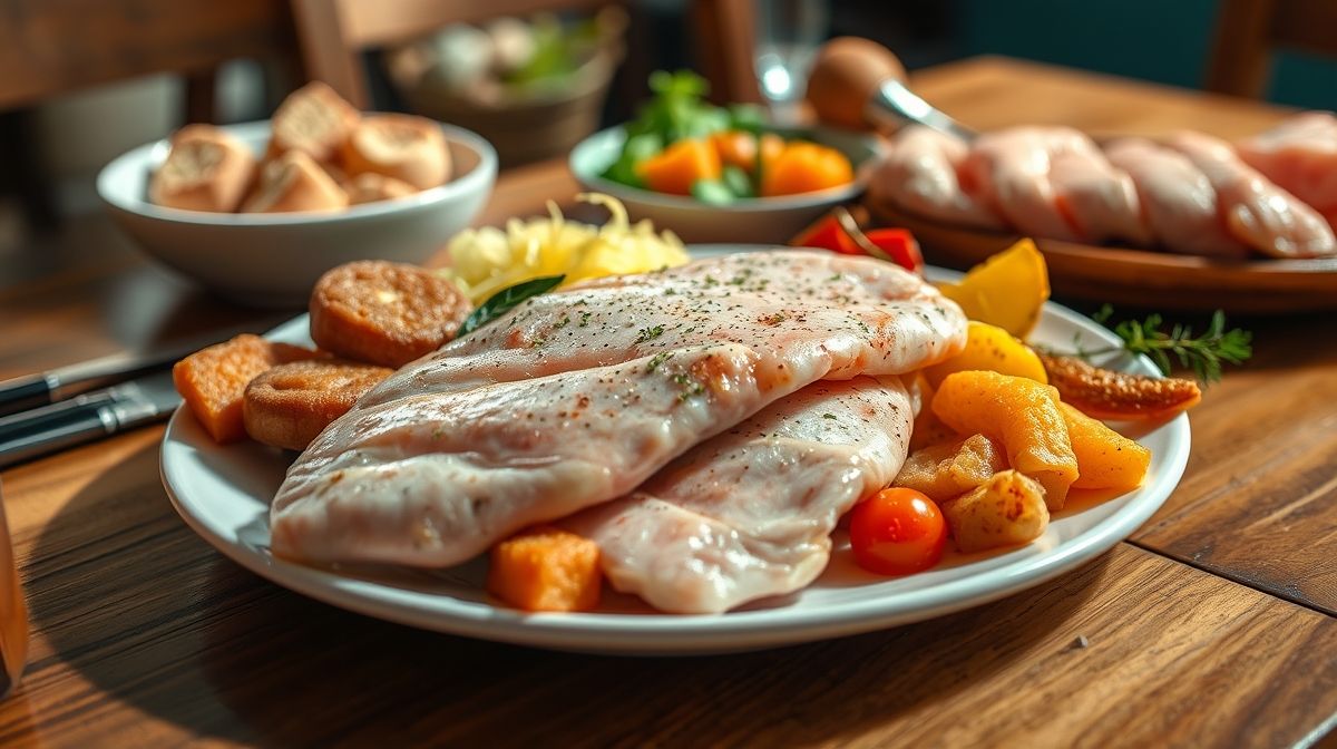 Close de variedade de linguiças brasileiras (toscana, calabresa, mista e frango) dispostas em uma mesa de madeira, com destaque na linguiça de frango, luz natural suave e ambiente acolhedor