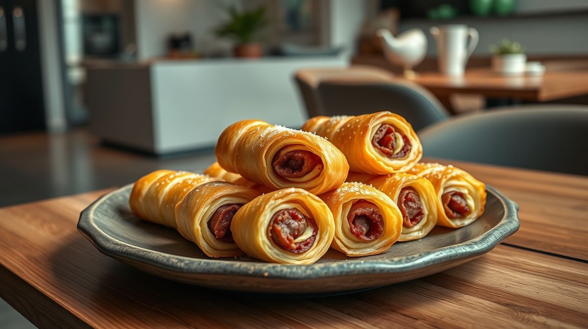 imagem detalhada de enroladinhos de massa folhada recheados com linguiça cuiabana e queijo brie, apresentados em prato rústico em ambiente moderno, com textura crocante evidenciada, estilo culinária brasileira