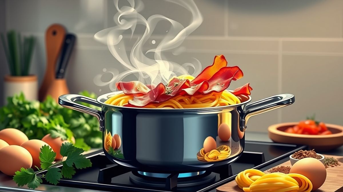 Imagem detalhada do processo de preparo do macarrão à carbonara com pastrami, mostrando a panela com bacon e pastrami dourando, ingredientes frescos ao redor, foco nítido nos detalhes dos alimentos em uma cozinha moderna e limpa