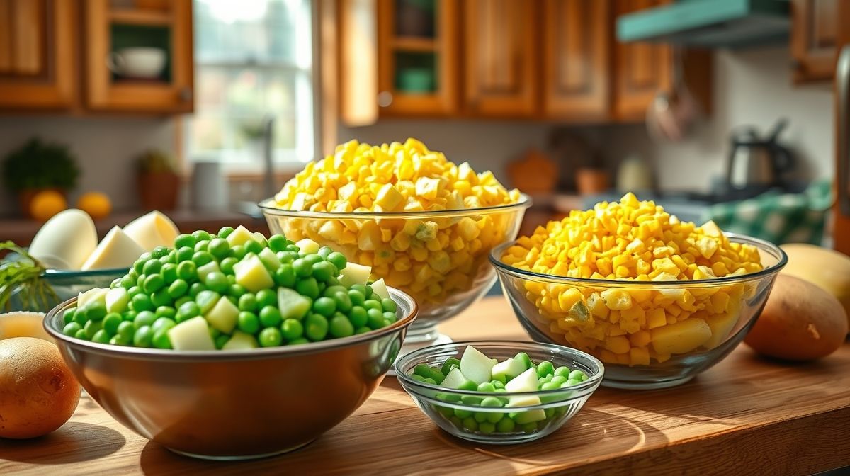 imagem step-by-step do preparo da maionese de batata para churrasco, com ingredientes crus e batatas cozidas, bowls com ovos picados, milho e ervilha, cozinha caseira bem iluminada, estilo foto tutorial