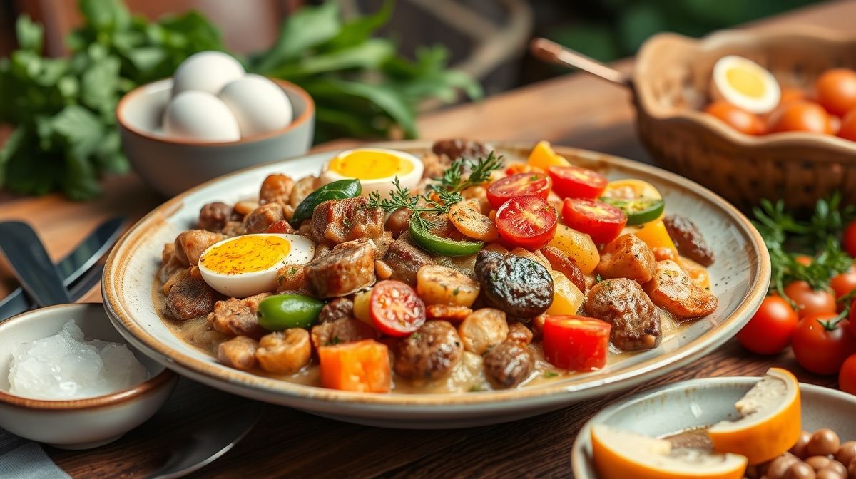 Travessa cheia de maionese cremosa com legumes picados e ovos cozidos, ao lado utensílios de churrasco e uma bacia com gelo para manter frescor, cenário de festa ao ar livre