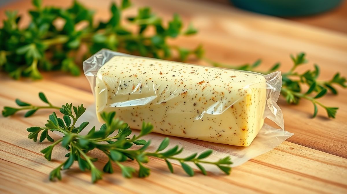 manteiga temperada enrolada em papel filme formando cilindro, com ervas verdes frescas ao redor, superfície de madeira clara, ambiente de cozinha caseira