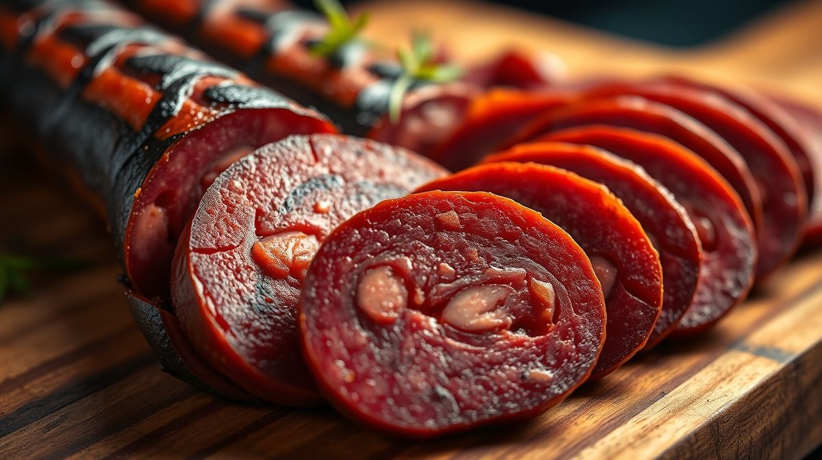 Close-up de linguiças calabresa defumada e paio cortadas em rodelas, com textura visível e cores vibrantes, em uma tábua de madeira rústica, estilo culinário brasileiro
