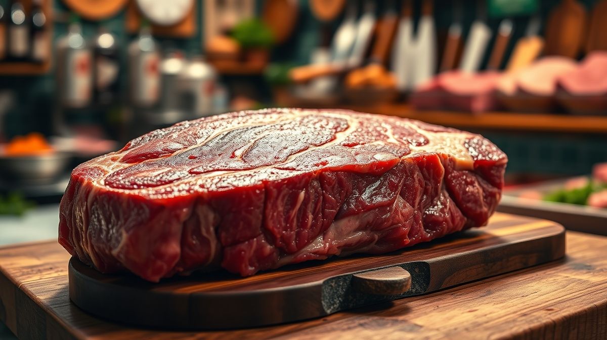 Peça de contrafilé na parte traseira com capa de gordura, sobre uma tábua de madeira rústica, mostrando o marmoreio e a textura perfeita para churrasco, ambiente de açougue bem iluminado