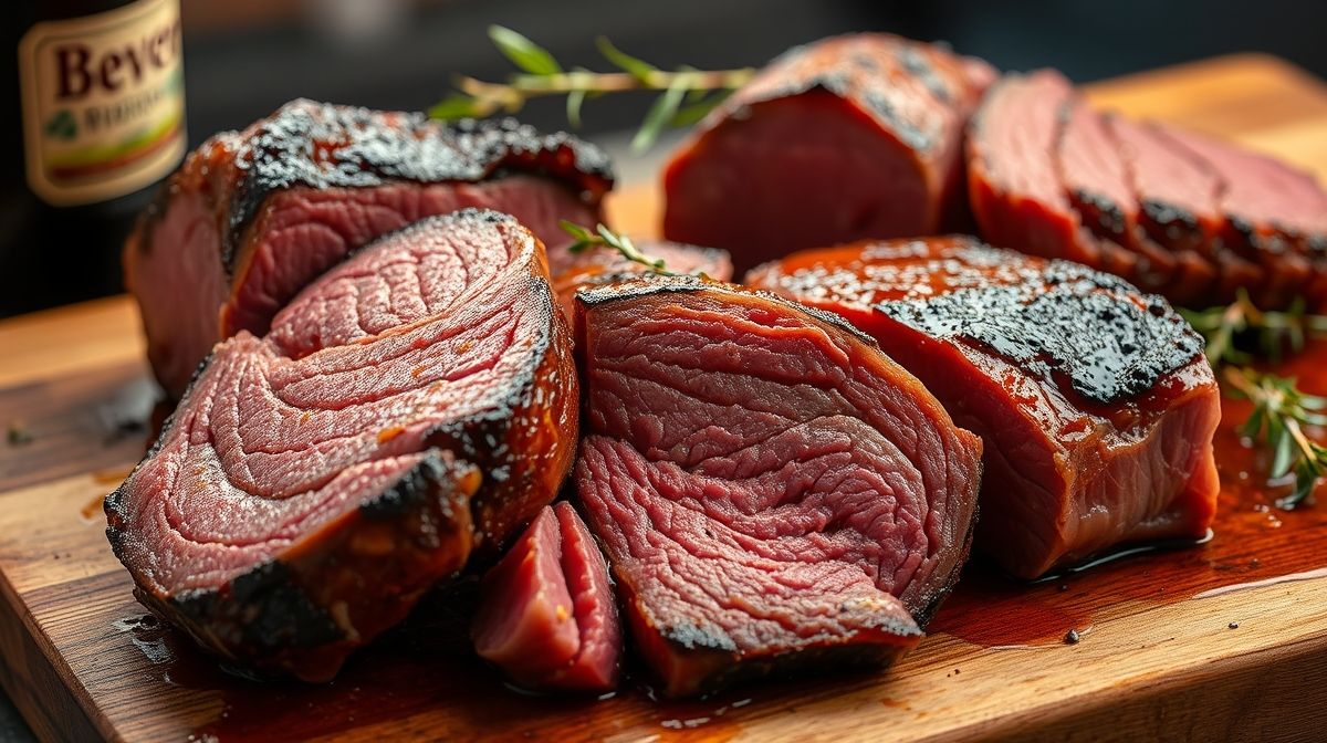 Imagem detalhada dos cortes de carne acém, músculo, peito bovino e costela preparados em panela com cerveja preta, destacando textura macia e cor rica do molho