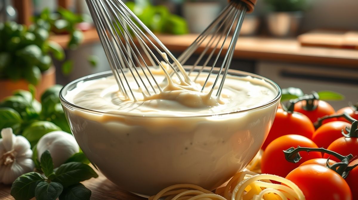 close-up de panela com molho branco simples para lasanha sendo mexido com batedor de arame, ingredientes frescos ao redor, cozinha iluminada, estilo fotografia gastronômica