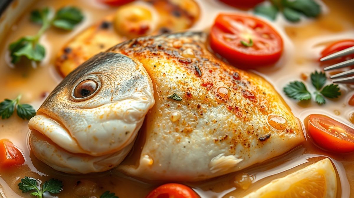 Close-up da moqueca de peixe, mostrando pedaços de peixe, pimentões coloridos, tomate e coentro fresco em molho cremoso de leite de coco, em panela grande